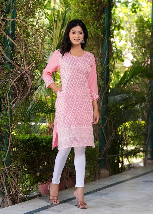 Hatheli's Women's Embroiderd Pink Kurta