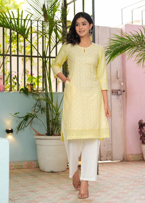 Hatheli's Women's Embroiderd Yellow Kurta