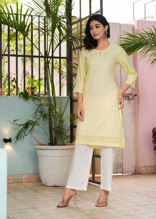 Hatheli's Women's Embroiderd Yellow Kurta