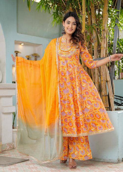 Hatheli's Women's Gotta Patti Anarkali Yellow Kurta Set with Dupatta