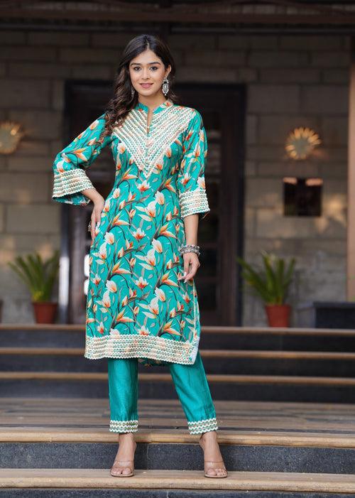 Hatheli's Women's Blue Gotta Patti Printed Kurta set with Dupatta