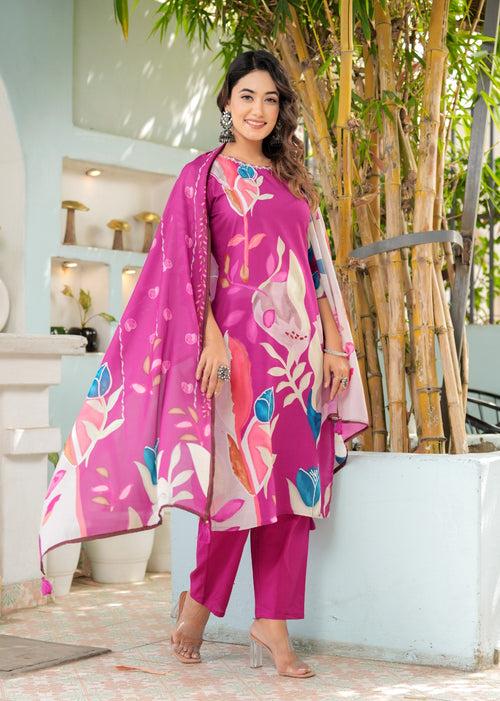 Hatheli's Women's Purple Self Design and Printed Kurta set with Dupatta