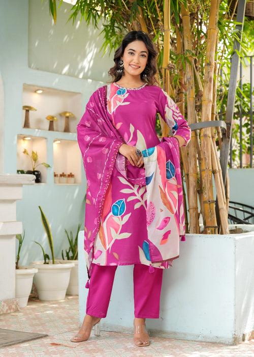 Hatheli's Women's Purple Self Design and Printed Kurta set with Dupatta