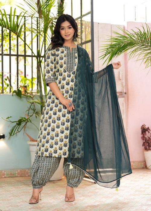 Hatheli's Women's Green Lace work and Printed Kurta set with Dupatta