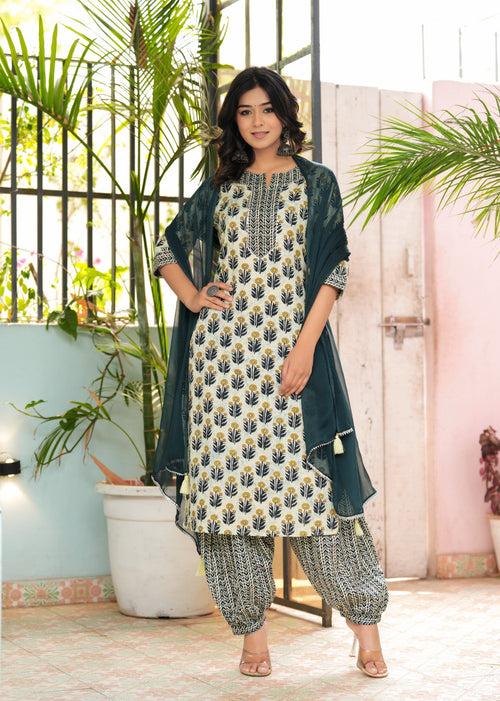 Hatheli's Women's Green Lace work and Printed Kurta set with Dupatta