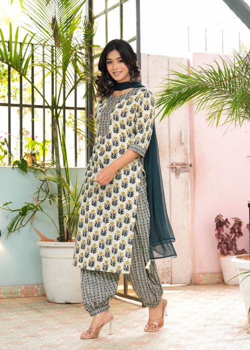 Hatheli's Women's Green Lace work and Printed Kurta set with Dupatta