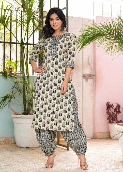 Hatheli's Women's Green Lace work and Printed Kurta set with Dupatta