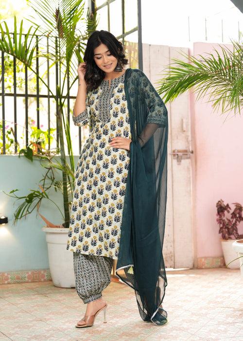 Hatheli's Women's Green Lace work and Printed Kurta set with Dupatta