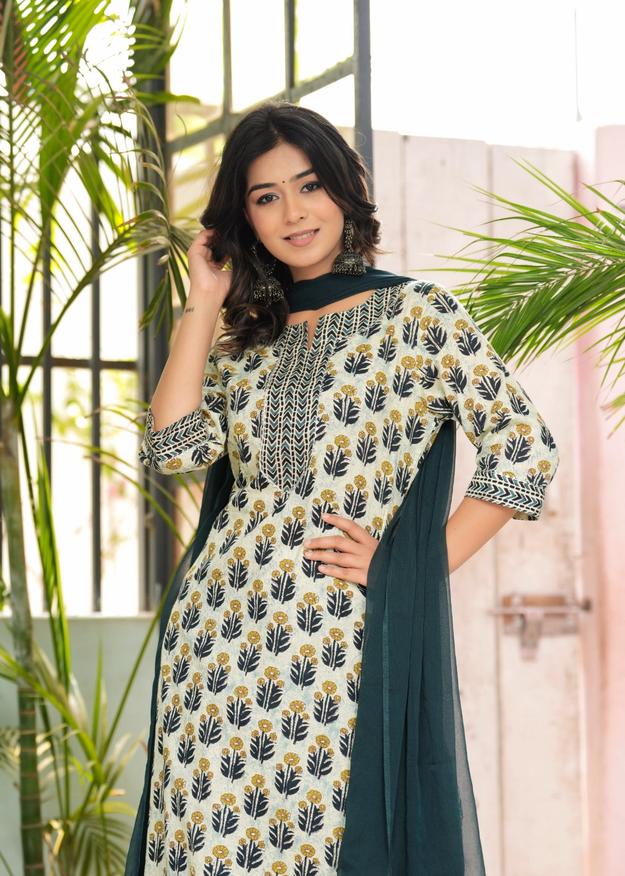 Hatheli's Women's Green Lace work and Printed Kurta set with Dupatta