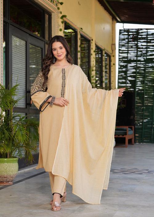 Hatheli's Women's Beige Solid and patch work Kurta set with Dupatta