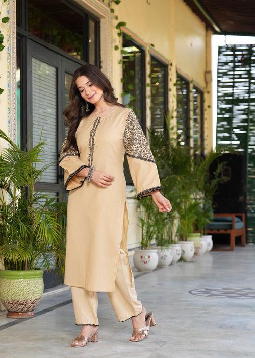 Hatheli's Women's Beige Solid and patch work Kurta set with Dupatta