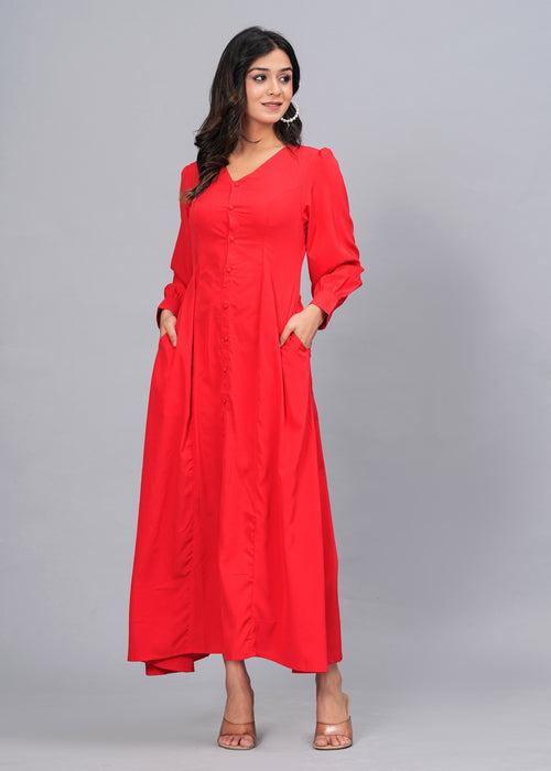 Hatheli's Women soild Red Flared Dress