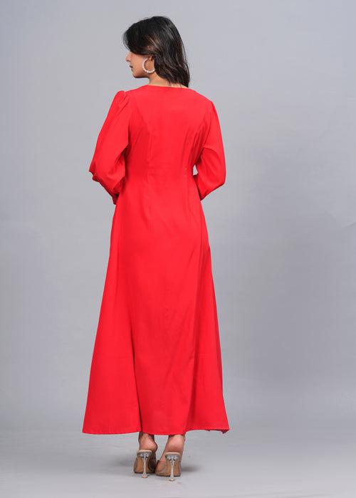 Hatheli's Women soild Red Flared Dress