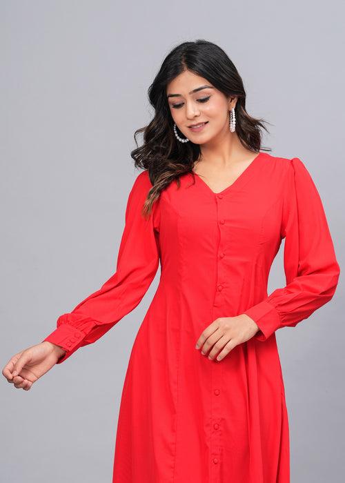 Hatheli's Women soild Red Flared Dress