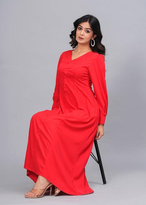 Hatheli's Women soild Red Flared Dress