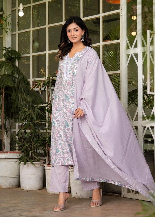 Hatheli's Women's Pure Cotton Printed handwork Kurta set with Dupatta