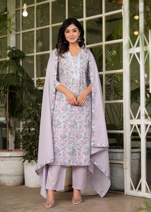 Hatheli's Women's Pure Cotton Printed handwork Kurta set with Dupatta