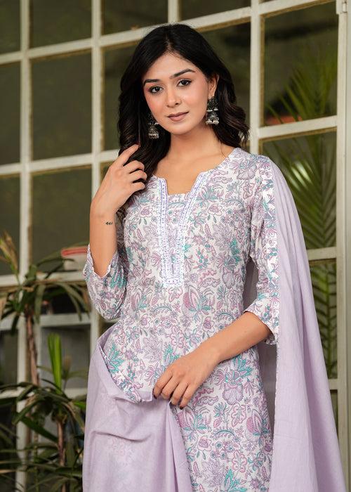 Hatheli's Women's Pure Cotton Printed handwork Kurta set with Dupatta