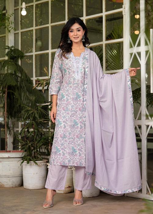 Hatheli's Women's Pure Cotton Printed handwork Kurta set with Dupatta