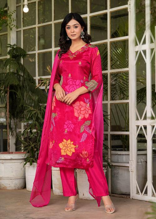 Hatheli's Women's Musline Printed handwork Kurta set with Dupatta