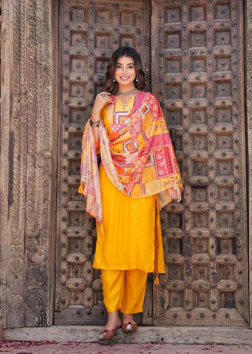 Hatheli's Women's Musline handwork Kurta set with Printed Dupatta