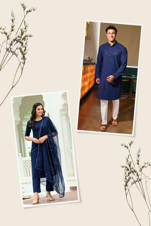 Blue Sequined Party wear Couple Set ( 1 Kurta Sets , 1 Kurta)