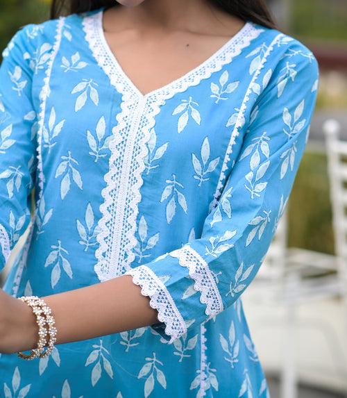 Blue Printed A line Kurta Palazzo and Dupatta Set