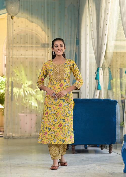 Floral Yellow Kurta Palazzo Set