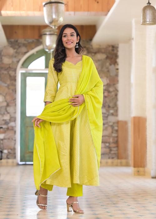 Lime Green Foil Print Anarkali Set