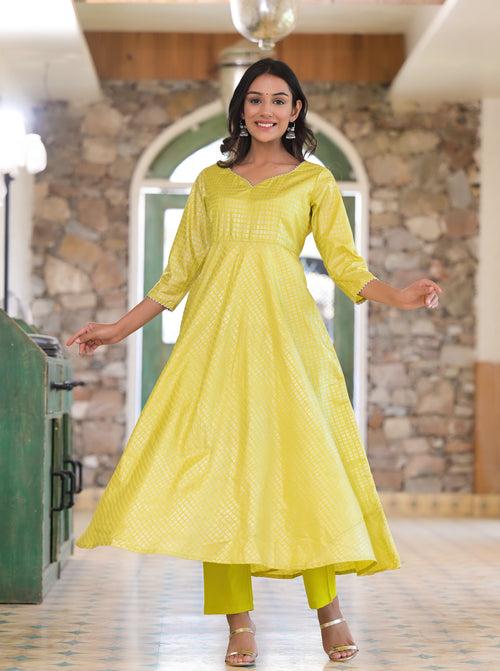 Lime Green Foil Print Anarkali Set