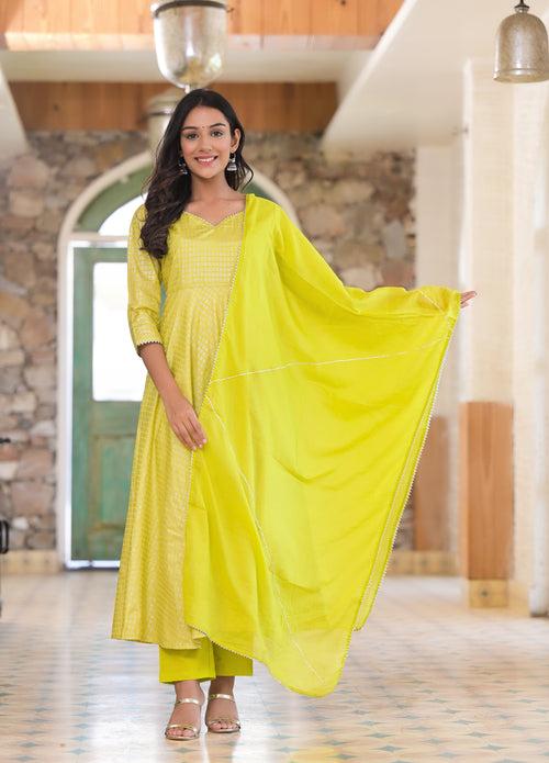 Lime Green Foil Print Anarkali Set