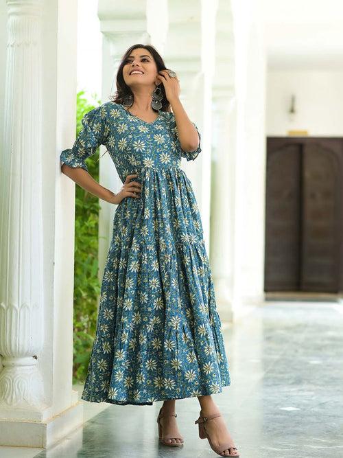 Serene Blue Floral Tiered Cotton Anarkali Dress