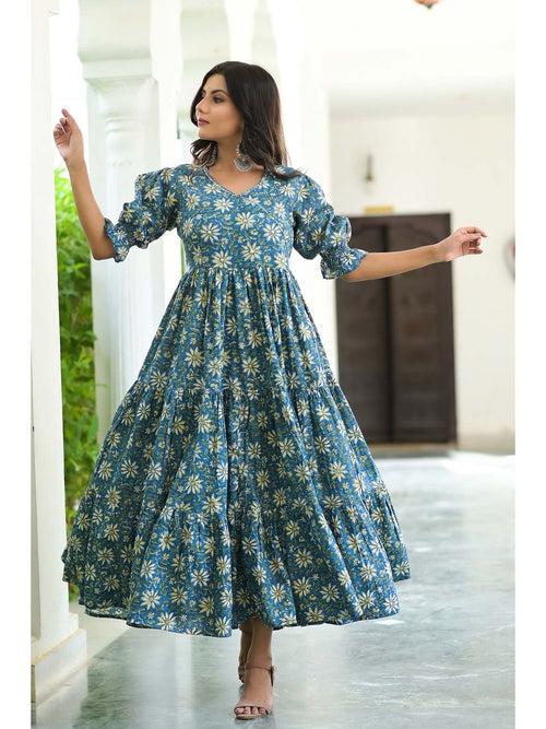 Serene Blue Floral Tiered Cotton Anarkali Dress