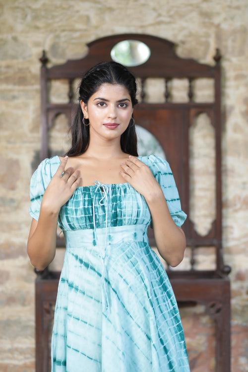 Azure Shibhori Cotton Flared Dress