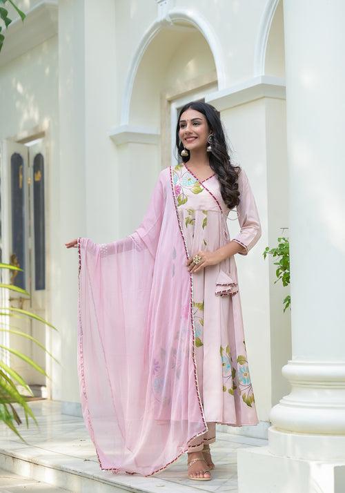 Crepe Pink Hand Painted Satin Anarkali Suit Set