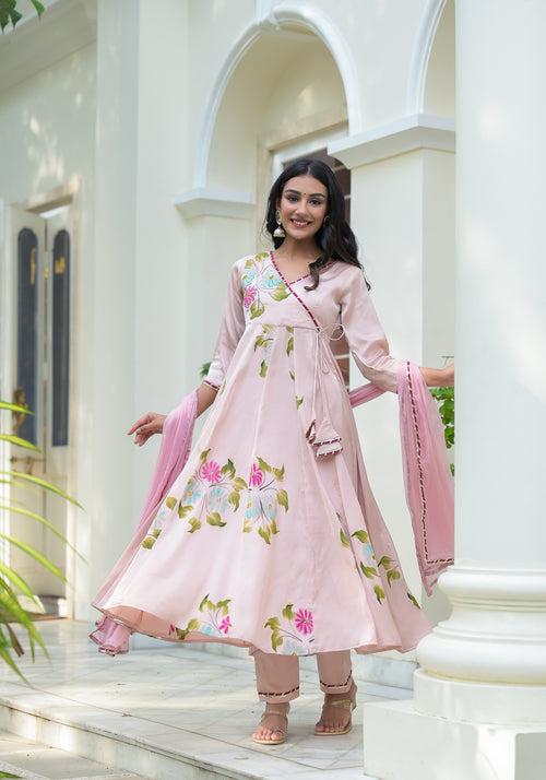 Crepe Pink Hand Painted Satin Anarkali Suit Set