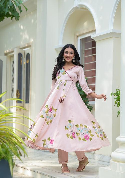 Crepe Pink Hand Painted Satin Anarkali Suit Set