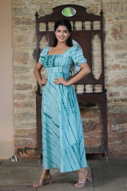 Azure Shibhori Cotton Flared Dress