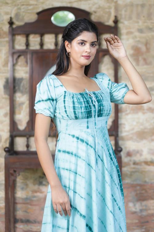 Azure Shibhori Cotton Flared Dress