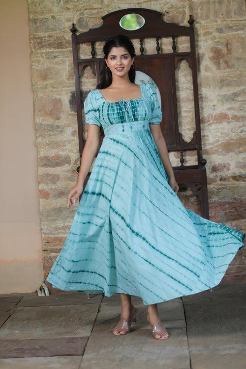 Azure Shibhori Cotton Flared Dress