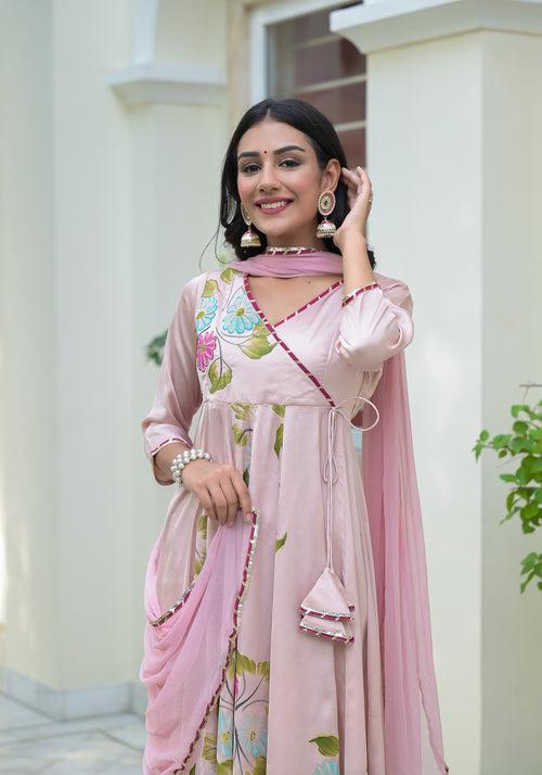 Crepe Pink Hand Painted Satin Anarkali Suit Set