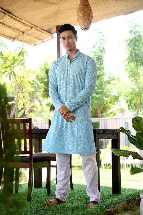 Blue Embroidered Georgette Kurta