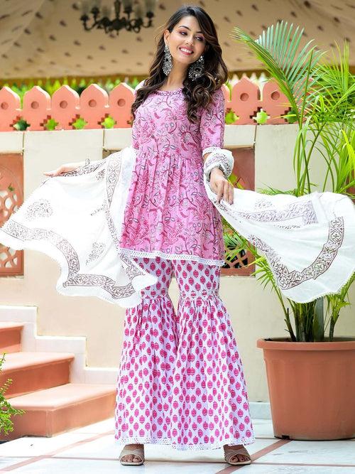 Pink Embroidered Kurta Sharara Suit Set