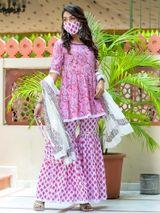 Pink Embroidered Kurta Sharara Suit Set