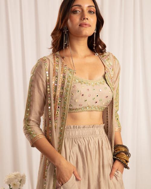 Taupe jacket anarkali + blouse + T pants