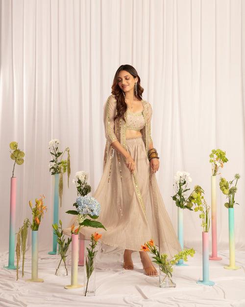 Taupe jacket anarkali + blouse + T pants