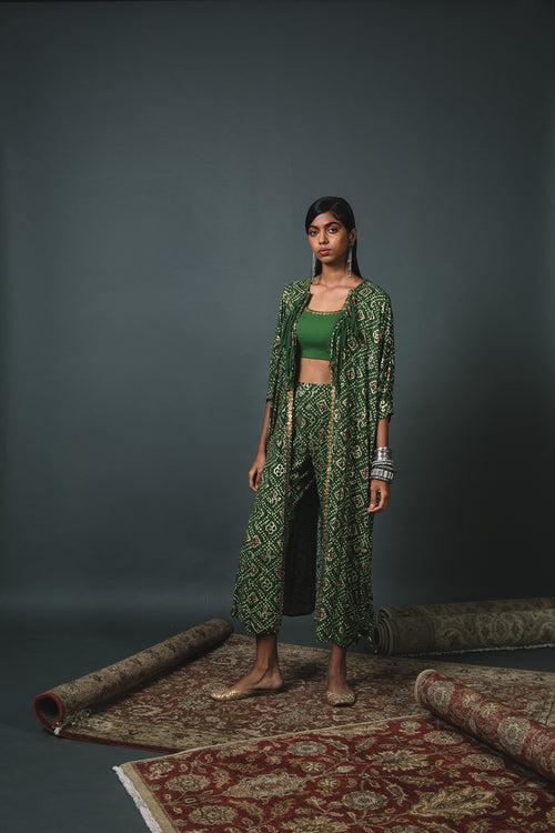 Green Bandhani kaftan kurta jacket + Blouse + Pants