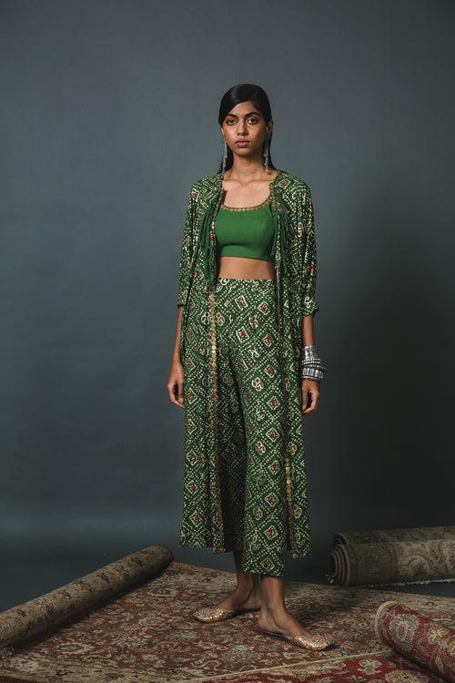 Green Bandhani kaftan kurta jacket + Blouse + Pants