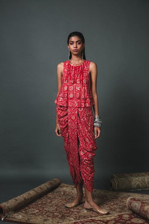 Red bandhani bias top + dhoti