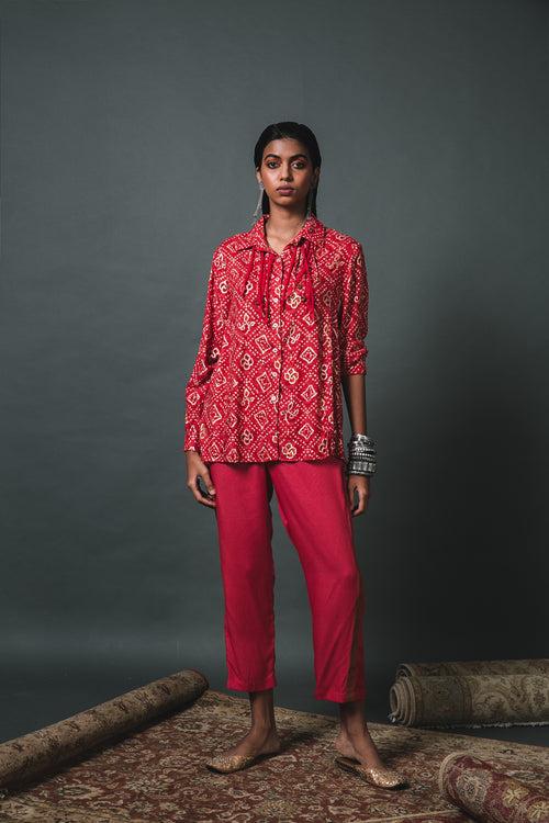 Red Bandhani Shirt + Solid pants